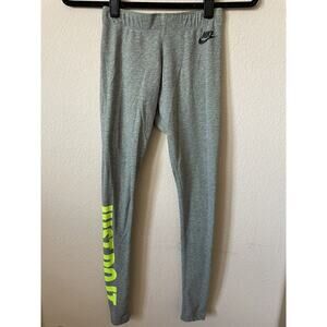 Nike Gray Green Logo Mid Rise Elastic Waist Full Length Leggings Pants Size XS